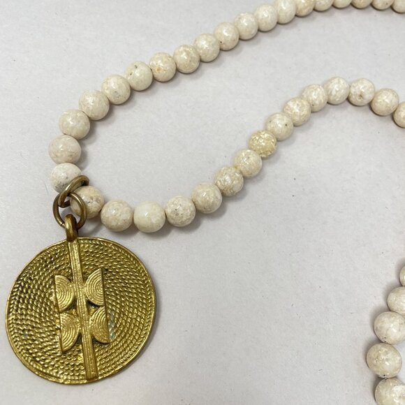 White Jasper Stone Bead Pendant Necklace Gold-Tone Geometric Medallion - Picture 10 of 14